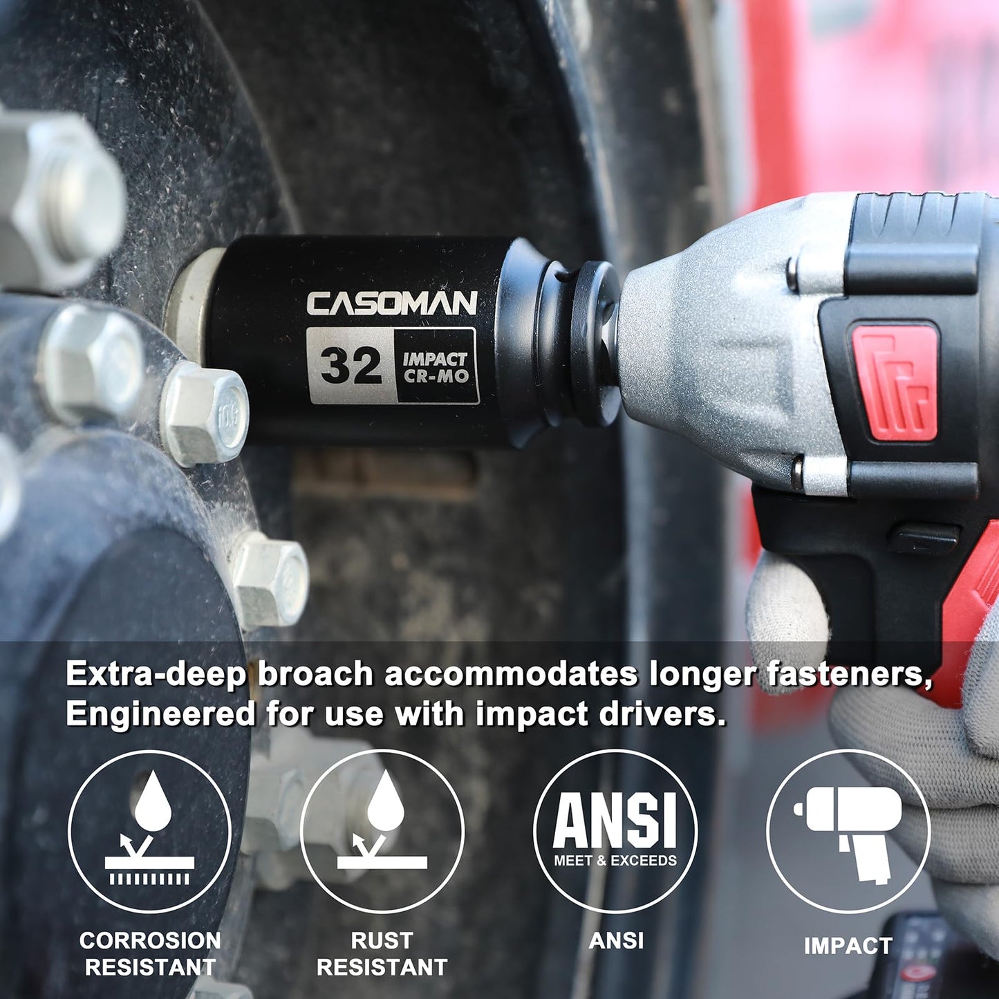 CASOMAN 1/2" Drive Deep Spindle Axle Nut Impact Socket Set, 6 Point, CR-MO,32,33,35,36mm, 4PC 1/2-Inch Impact Socket Set, Heavy Duty Use in Removing and Installing Axle Nuts