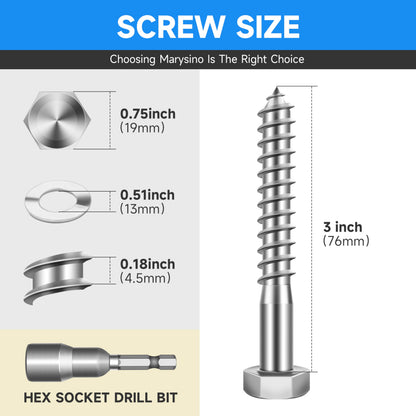 (8-Set) 1/2 x 3 Lag Screws, Stainless Steel Heavy Duty Hex Head Lag Bolts for Wood, Commercial/Industrial Grade 1/4 Bolts, Mounting Screws Bolts Kit, Black Oxided by Marysino