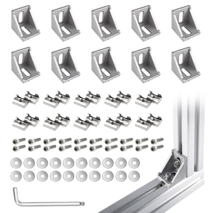 10 Sets Silver 4040 Aluminum Extrusion Corner Bracket Kit – 10pcs Corner Brackets, 20pcs M6 Spring T-Nuts & Hex Screws, 1 Ball-End Hex Wrench – for 40 Series T Slot Extruded Aluminum Rail Accessories