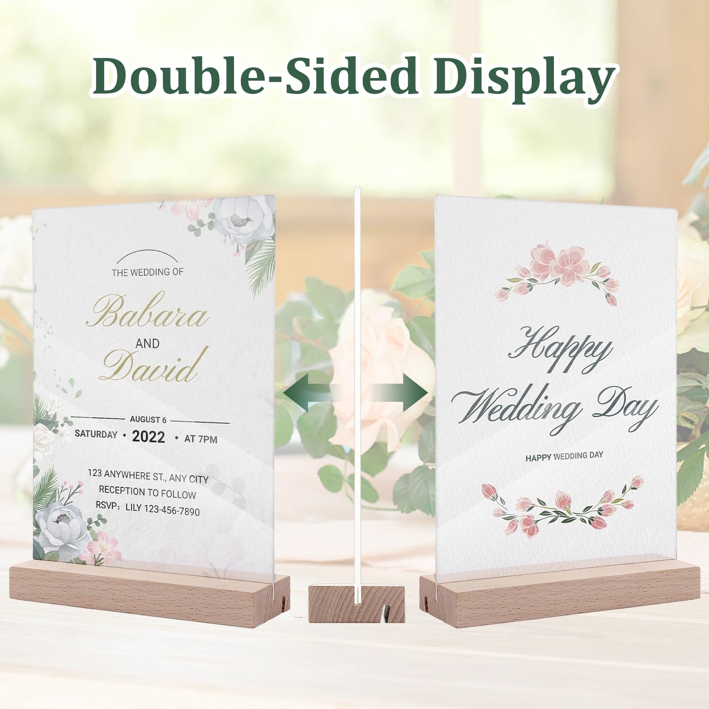 6 Pack 5 x 7 Acrylic Sign Holder with Wood Base, L/T Shape Clear Display Stand Menu Flyer Holder for Office, Wedding, Restaurants, Hotels