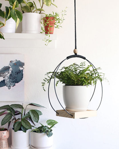 ABETREE Hanging Planter with Wood Base Modern Macrame Plant Hanger for Indoor Outdoor Wall Ceiling Window Boho Home Décor, Black(Planter/Plants Not Included)