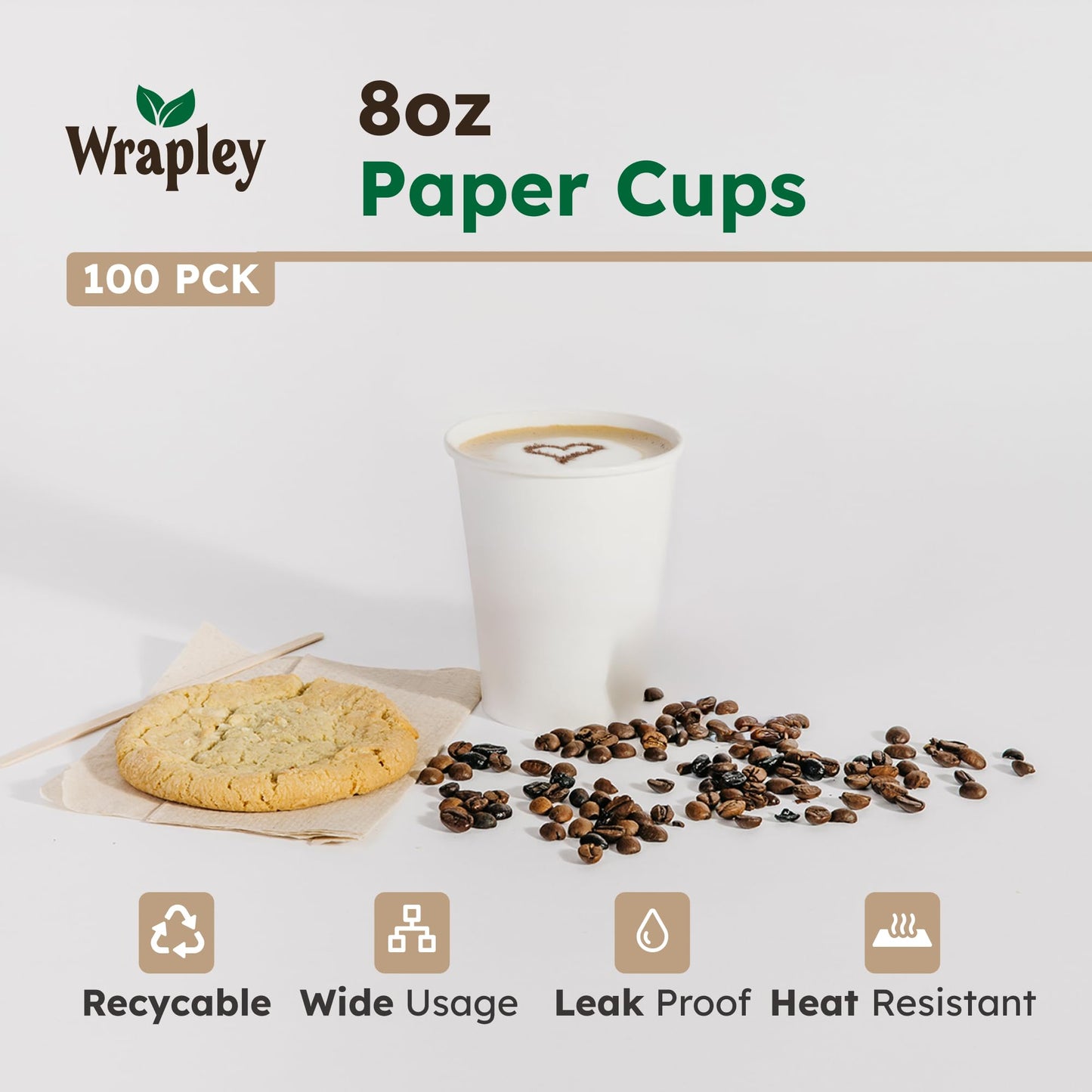 8oz Disposable Coffee Cups with Lids – Set of 100 Disposable Cups for Hot and Cold Drinks – White Paper Cups with Lids for Thermal Protection – 100 Units, 8oz Each