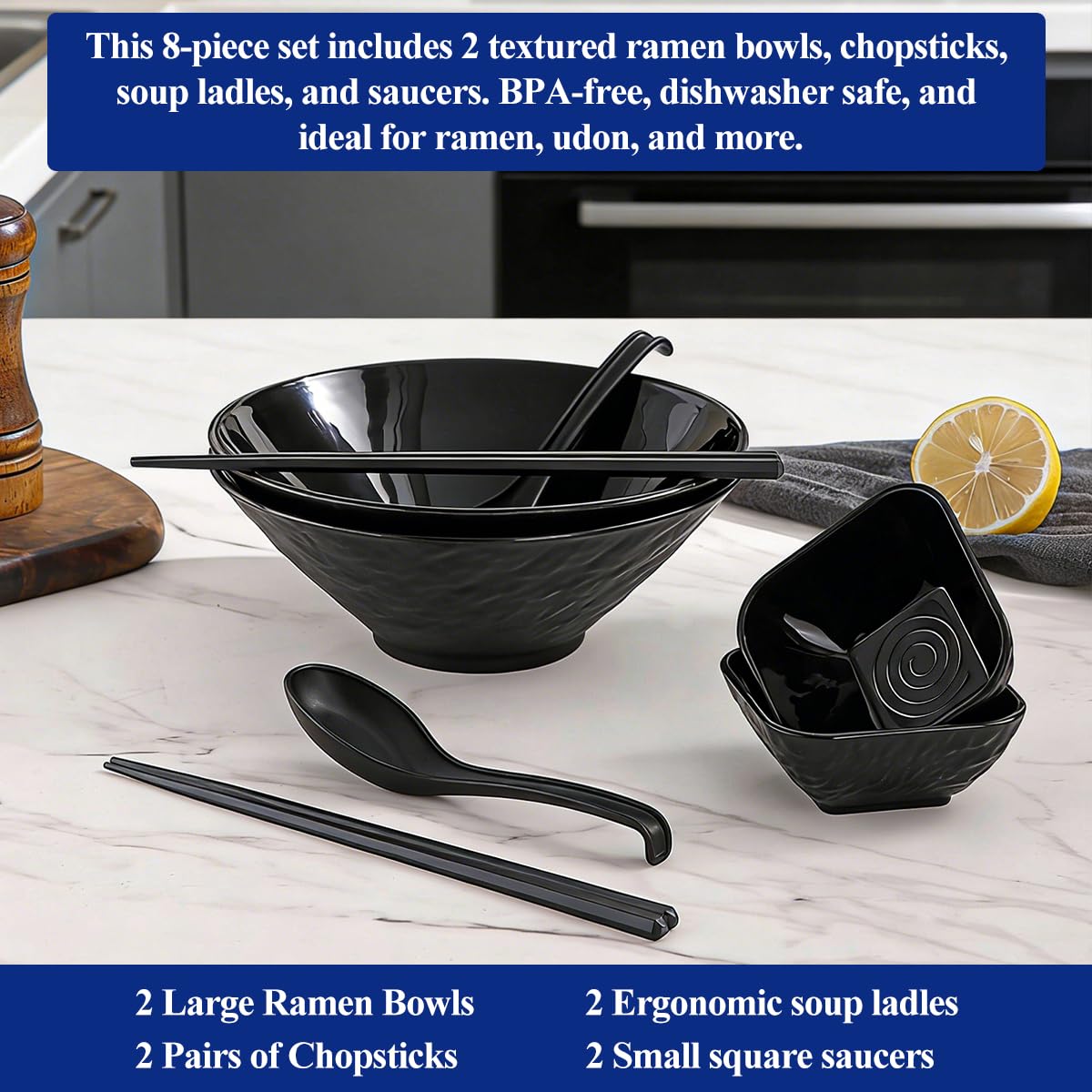 Berglander Ramen Bowl Set 1200mL of 2 with Dipping Bowls Chopsticks Spoons, Unbreakable Japanese Style Plastic Noodle Soup Bowls for Asian Pho Soup Thai Miso Udon Wonton