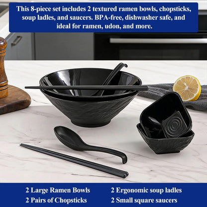 Berglander Ramen Bowl Set 1200mL of 2 with Dipping Bowls Chopsticks Spoons, Unbreakable Japanese Style Plastic Noodle Soup Bowls for Asian Pho Soup Thai Miso Udon Wonton