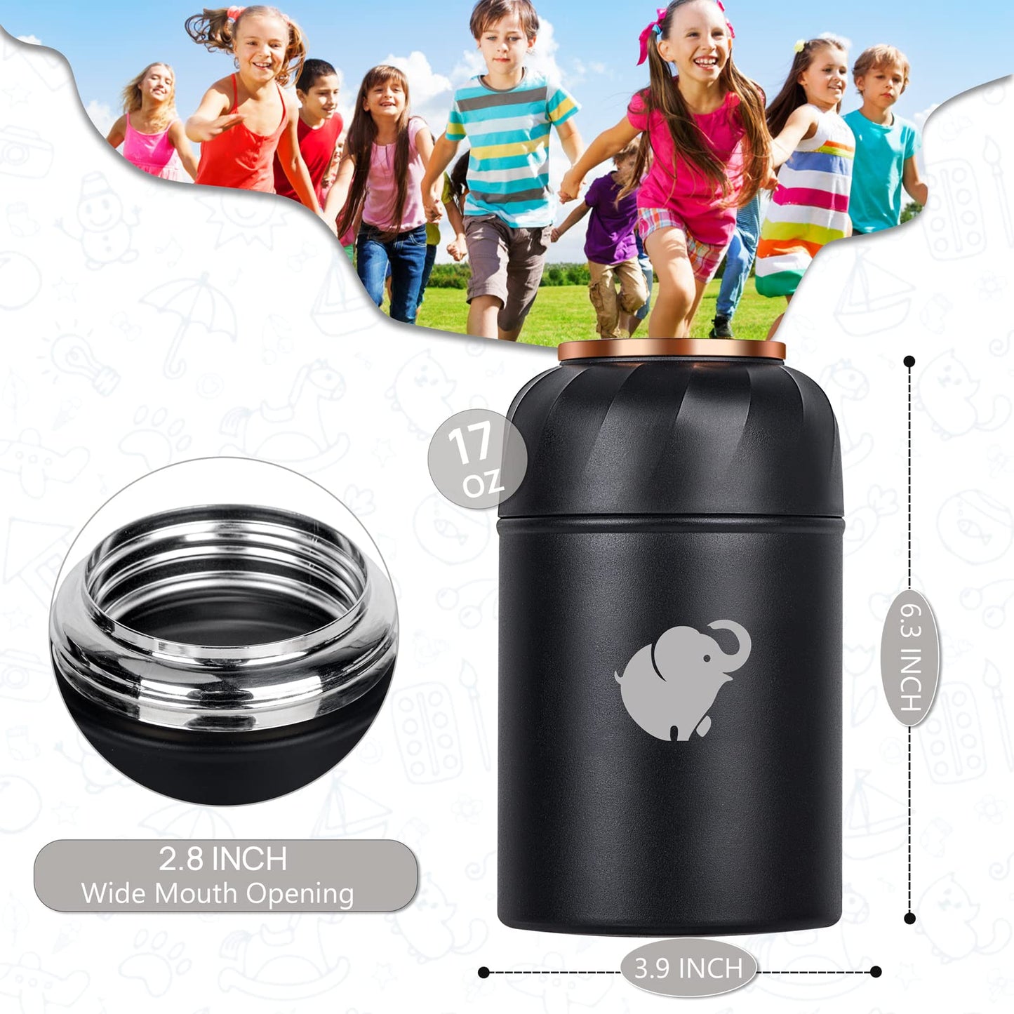 Thermo Food Container - Insulated Food Container With Foldable Fork& Spoon, Leak Proof Food Thermo, Portable Wide Mouth Soup Container With Handle For Outdoors Indoors Office Picnic (Black, 17OZ)