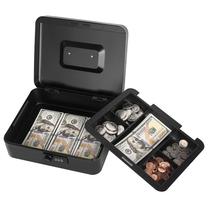 Cash Box with Money Tray and Combination Lock, Metal Money Box for Cash Petty Cash Lock Box for Money Safe 9.84" x 7.87" x 3.54" Black