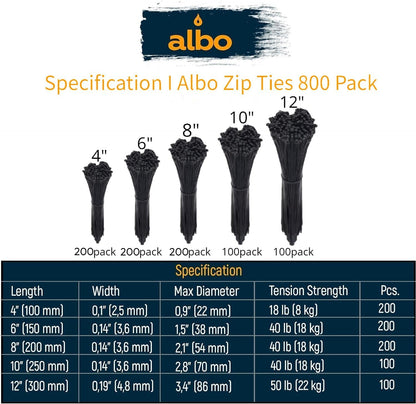 ALBO Black Zip Ties Assorted Sizes 800 Pack 4+6+8+10+12 Inch Plastic Black Cable Ties Wire Tie UV Resistant Nylon Tie Wraps Assorted Sizes
