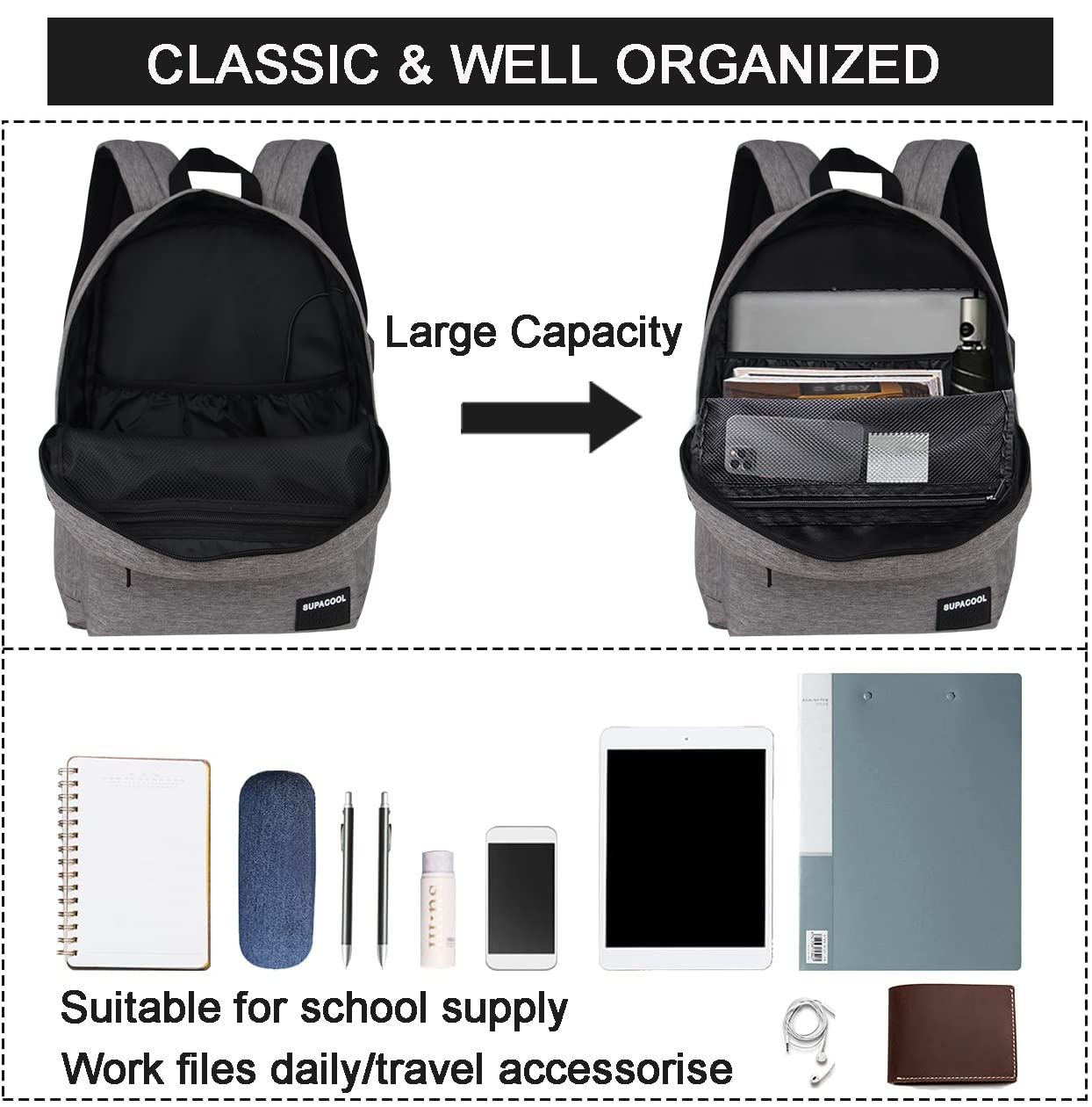 SUPACOOL Casual Laptop Backpack for Men and Women, Backpack for College, USB Charging Port, Lightweight Pack Back(Light grey)