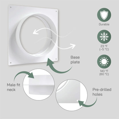 Vent Systems 6" Inch / 150 mm Round Air Vent Duct Connector Flange - White Plastic Air Supply, Exhaust Ducting Pipe Connector Plate for Dryer Vent - Cooling/Heating HVAC Ventilation System Collar