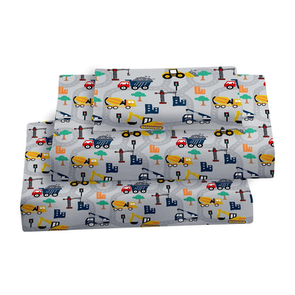 Softan Kids Bed Sheet Set, 3-Piece Twin Sheets Set, Microfiber Fitted Sheet with 15 Inches Deep Pocket and Corner Straps, Breathable & Silky Soft Excavator Pattern Sheet and Pillowcase Sets