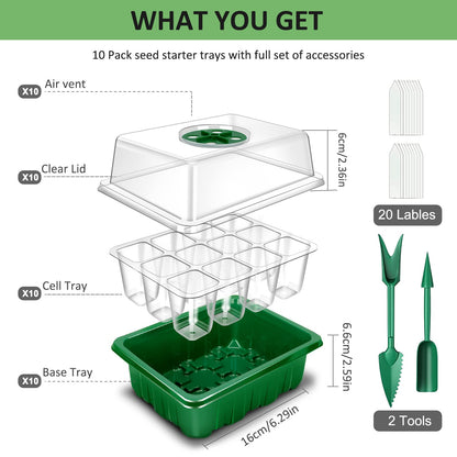 YAUNGEL Seed Starter Trays, 10 Pack 120 Cells Thicken Seed Starting Tray Kit with Humidity Dome/Clear Lids Durable Growing Seedling Trays for Greenhouse & Gardens