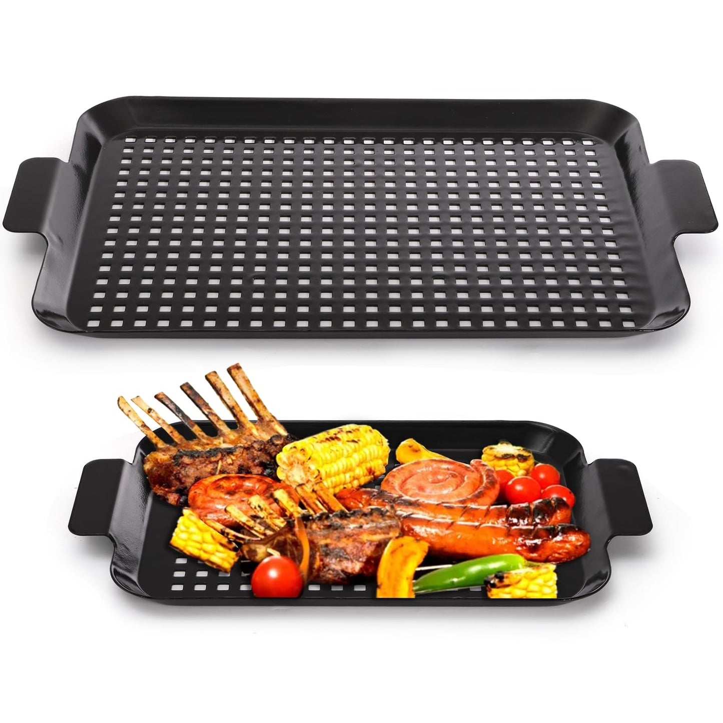 Covzoe 2 Pack Grill Topper Pans, Nonstick Barbecue Grilling Baskets with Perforated Bottom, Heavy Duty Carbon Steel Grilling Tray for Outdoor Cooking and Camping, Black