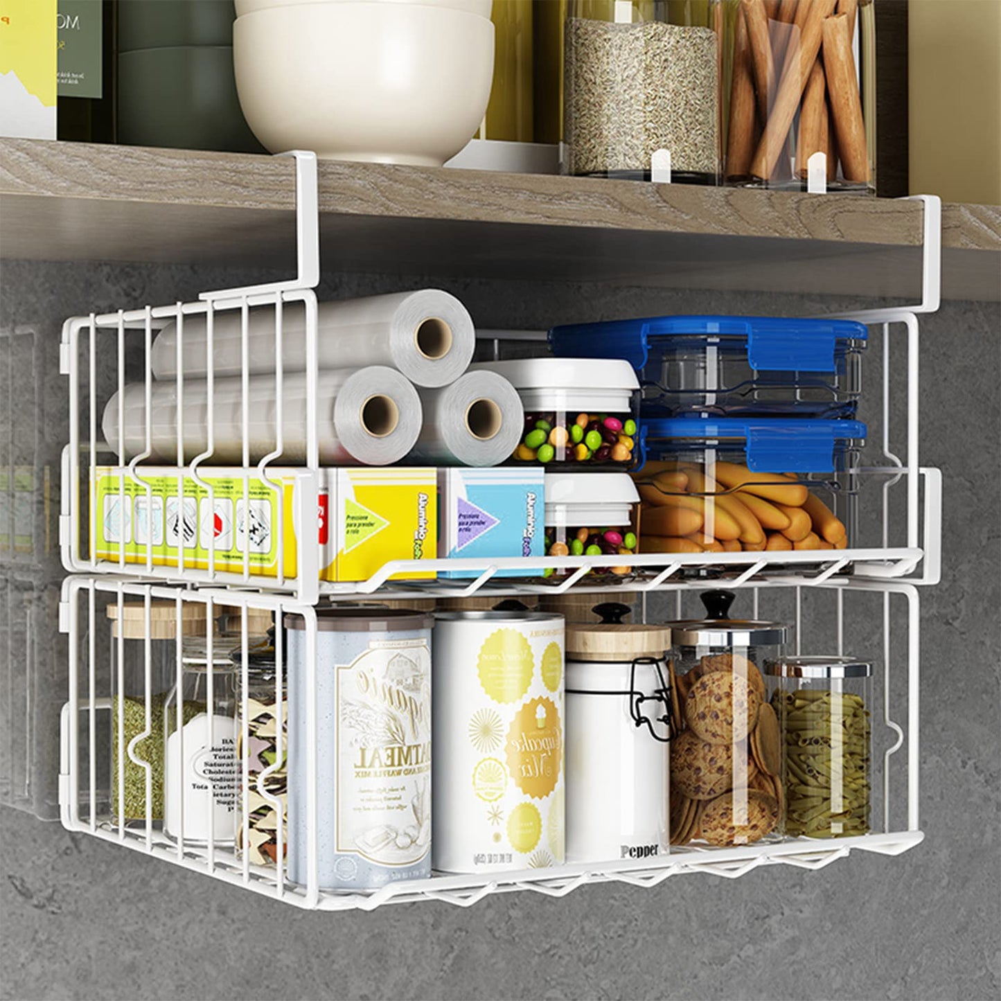 Under Shelf Storage Baskets, Foldable Metal Under Cabinet Basket Wire Rack Storage Shelf for Kitchen Cabinets Pantries Bookshelves Desk, Space-Saving Home and Office Storage Solution (White, 2 Pack)