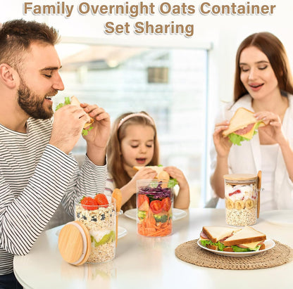 POLCANUR Glass Overnight Oats Jar, 4 Pack Containers with Bamboo Lids and Spoons, 18 OZ Glass with Clear Food Storage Jar for Sugar, Spices,Coffee Bean,Flour,Cookie,Candy,Nuts,Bath Salt Reusable Jars
