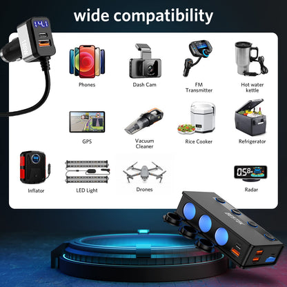 BESTEK 180W Cigarette Lighter Splitter, 3-Socket Cigarette Lighter Adapter with PD 65W&18W and QC3.0 18W*4 Charging Ports, LED Voltage Display Super Fast Charger Adapter for 12V/24V Vehicles