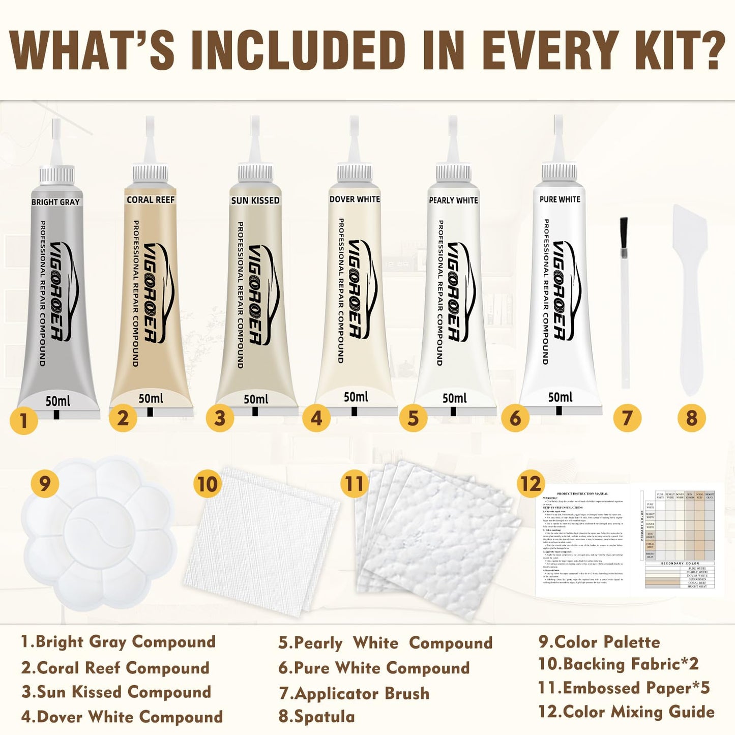 Cream Leather Repair Kit for Furniture, Vinyl Repair Kit for Car Interior, Sofa, Purse and Jacket, Restore Any Material with Super Easy Instructions to Fix Scratches, Tears, Holes, Peeling