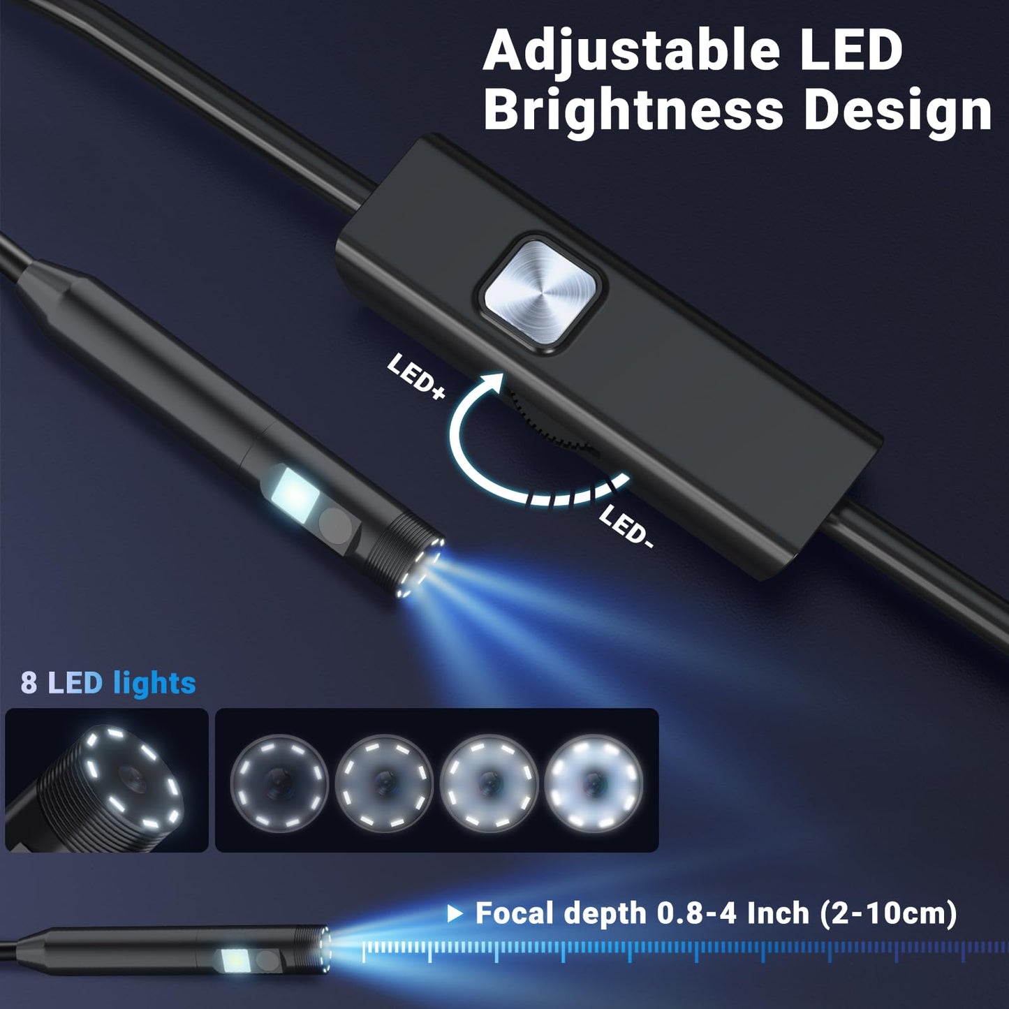 Preciva Endoscope Camera with Dual Lenses, 1920P HD Borescope Camera with 8 Adjustable LED Lights, 16.5ft Semi-Rigid for iOS and Android