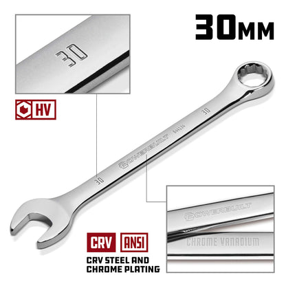 Powerbuilt 30mm Metric Combination Wrench, 12 Point Double Ended Box and Open End, 15 Degree Offset Polished 644134