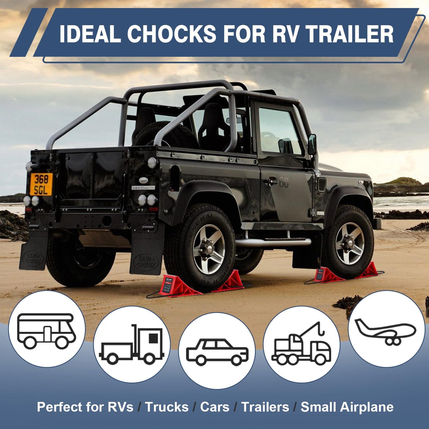 Wheel Chocks for Trailers, 4 Pack Hard Plastic RV Wheel Chocks with Non-Slip Base & Rope for Easy Removal, Tire Chock for Cars Wheels, Keep Your Truck or Camper in Place
