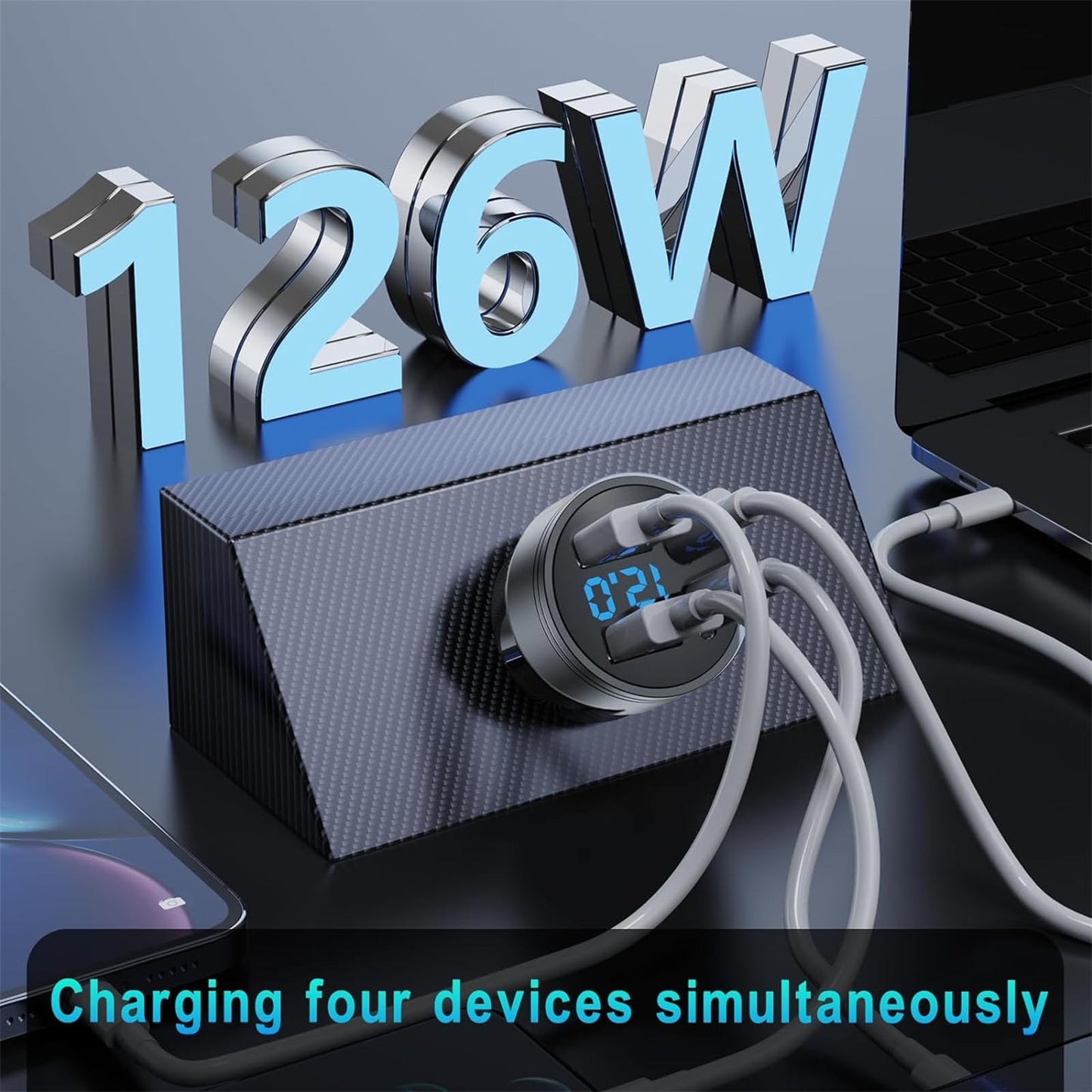 126W USB C Car Charger, 4-Port 2 USB PD 3.0 + 2 USB QC 3.0 Car Charger, Metal USB Cigarette Lighter USB C Adapter with LED Voltmeter DC12-24V for Android, Tablet and All Smartphones(Black)