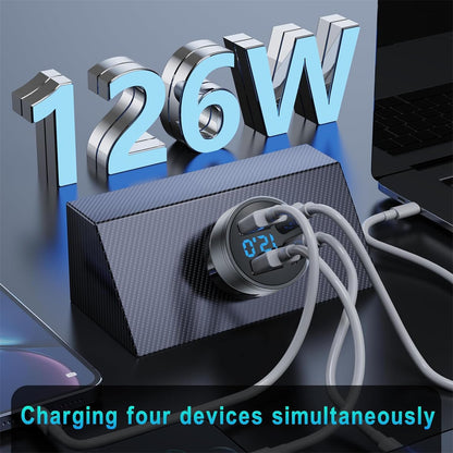126W USB C Car Charger, 4-Port 2 USB PD 3.0 + 2 USB QC 3.0 Car Charger, Metal USB Cigarette Lighter USB C Adapter with LED Voltmeter DC12-24V for Android, Tablet and All Smartphones(Black)