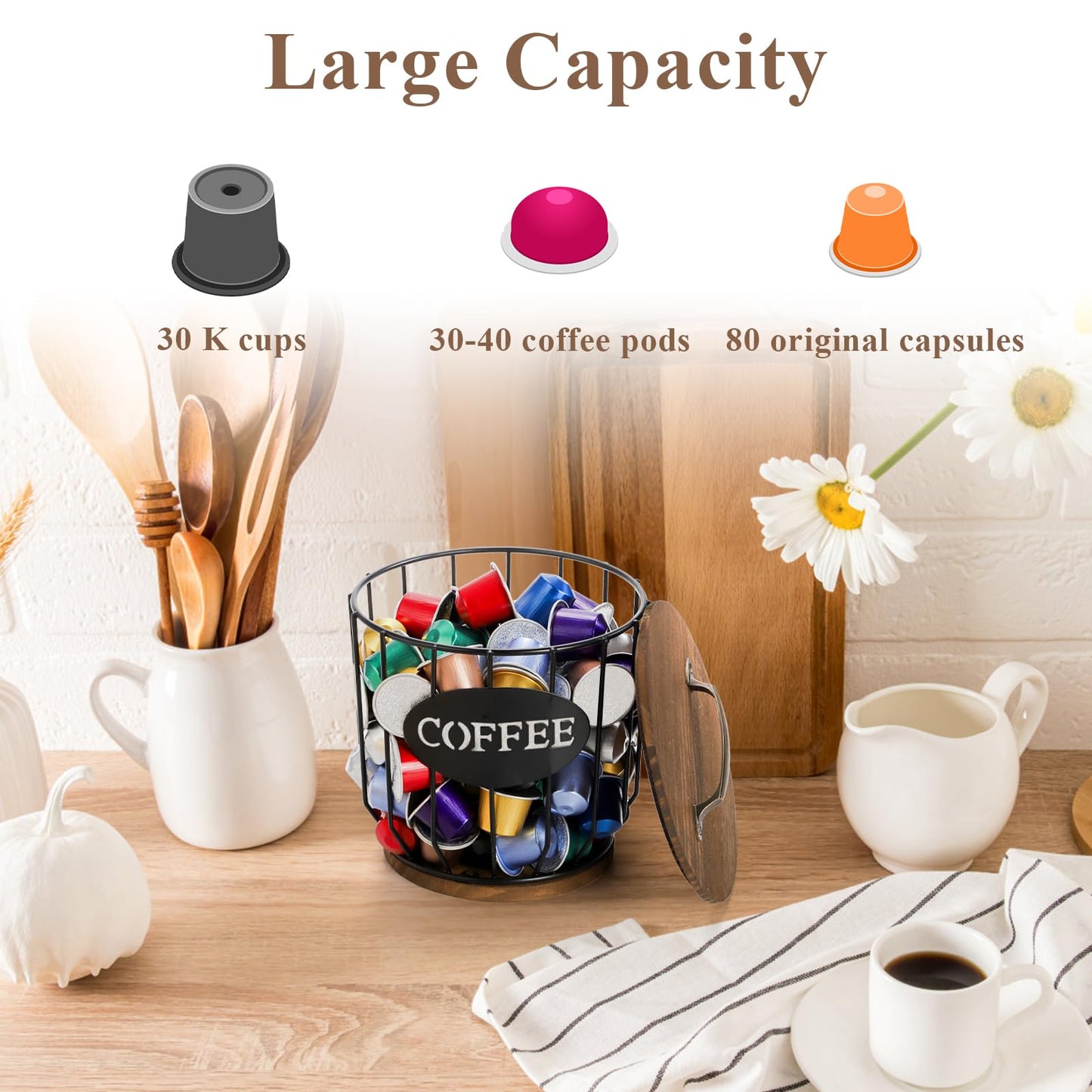yarlung Coffee Pod Holder with Lid, Large Capacity K Cup Holder with Rustic Wooden Base, Black Wire Coffee Storage Basket for Kitchen Countertop, Cafe Bar Organizer