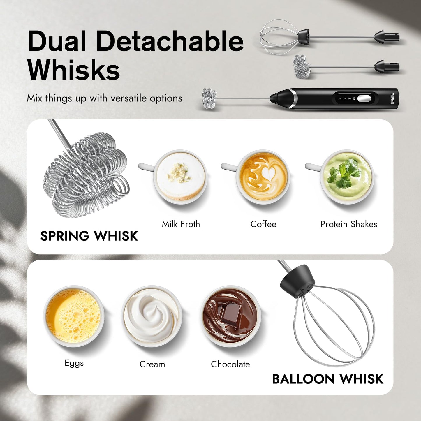 RAFOW Handheld Electric Milk Frother: 3 Speeds & Detachable Double Whisk Drink Mixer, Rechargeable Frother Wand with Stand, Coffee Froth Stirrer for Latte, Cappuccino, Cream, Matcha, Dalgona