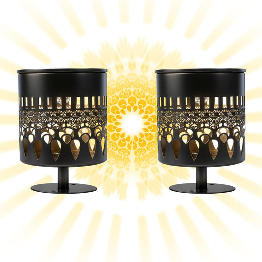 Solar Fence Lights 2 Pack, Outdoor Deck Step Wall Lights, Metal Waterproof LED Warm Yellow Light for Garden Post Patio Backyard Yard Decor (Peacock Feather-2, 2)