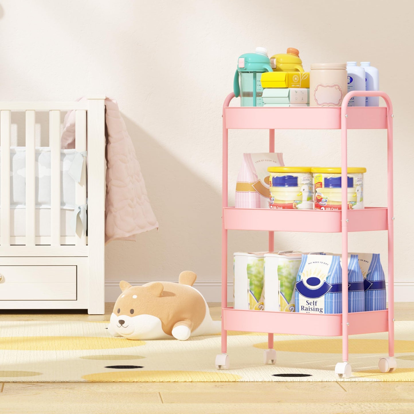 3 Tier Metal Rolling Cart with Wheels, Utility Storage Cart with Handle and Lockable Casters, Storage Basket Organizer Shelves, Easy Assemble for Kitchen, Living Room, Office, Nursery, White (Pink)
