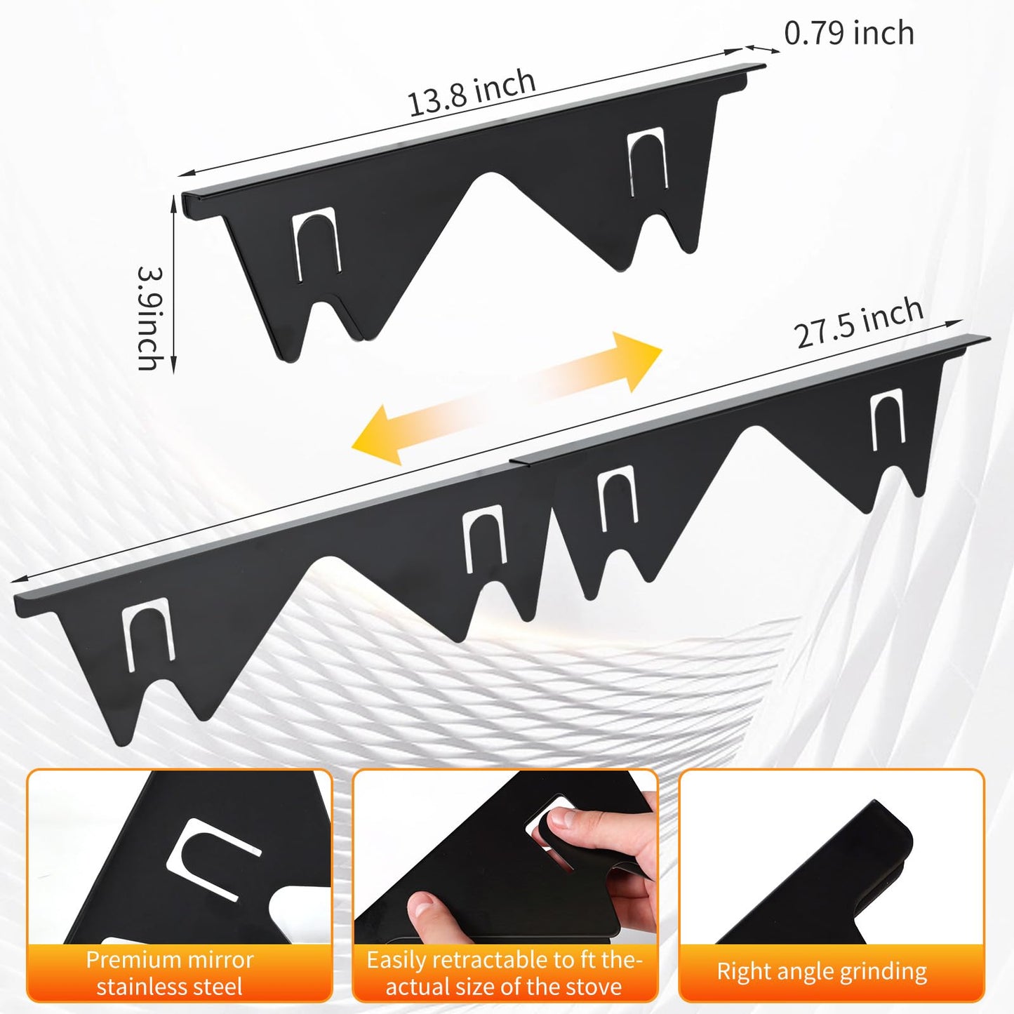 Stove Gap Covers Stainless Steel, 2 Pcs Stove Gap Filler, Heat Resistant and Easy to Clean, Retractable Length 13.8" to 27.5", Width 0.79",Black