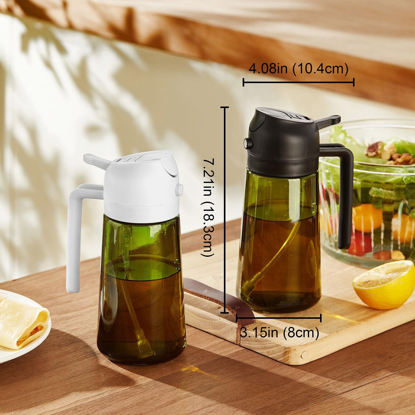TrendPlain 470ml Olive Oil Dispenser Bottle for Kitchen Gadgets - 2 in 1 Dispenser and Sprayer - Olive Oil Spray Bottle w/Stickers (Light Blockage) - BPA Free - Black&Green