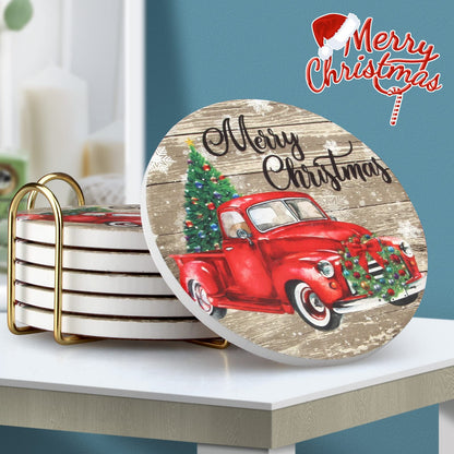 6 Pcs Red Truck Christmas Coasters with Holder Best Absorbent Ceramic Coasters Set Round Vintage Drink Christmas Coasters Gift Xmas Holiday Coffee Cup Coasters Cool Cup Coaster Table Coasters