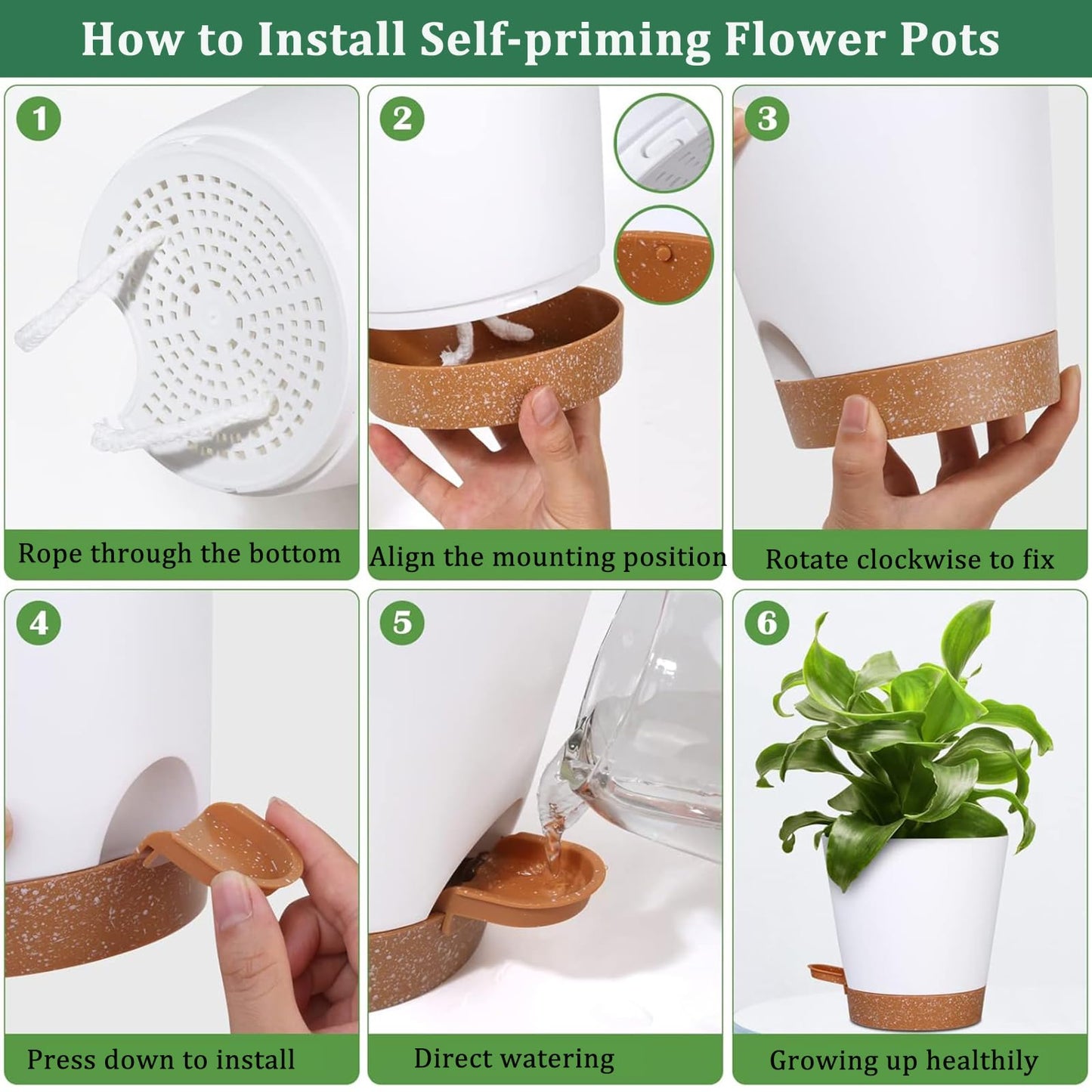 Plant Pots 7/6.5/6/5.5/5 Inch Self Watering Flower Pots Indoor Outdoor 5 Pack Plastic Planters with Drainage Holes Saucers Nursery Planting Pot for Indoor Outdoor Plants, White