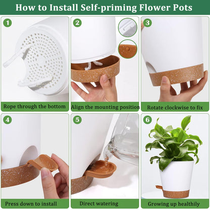 Plant Pots 7/6.5/6/5.5/5 Inch Self Watering Flower Pots Indoor Outdoor 5 Pack Plastic Planters with Drainage Holes Saucers Nursery Planting Pot for Indoor Outdoor Plants, White