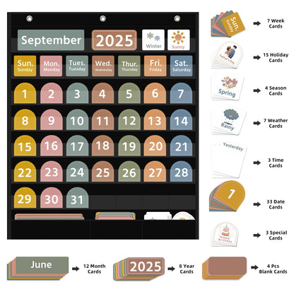 REGELETO Large Boho Calendar Pocket Chart with 96 Cards for Classroom, Size:32.25 x 24.125 inch Black Monthly Calendar and Weather Pocket Chart for Students Learning for Home or school.