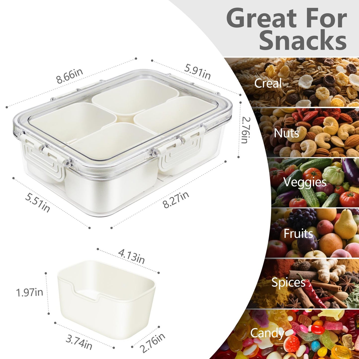 Small Snackle Box Container, Divided Serving Tray with Lid, 4 Compartment Snack Box Container for Candy, Fruits, Charcuterie, Travel & Parties, BPA-Free