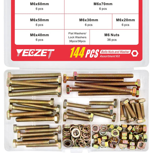 YEEZET 144Pcs Grade 8.8 M6 Hex Head Screws Bolts and Nuts Flat & Lock Washers Assortment Kit 20mm 30mm 40mm 50mm 60mm 70mm