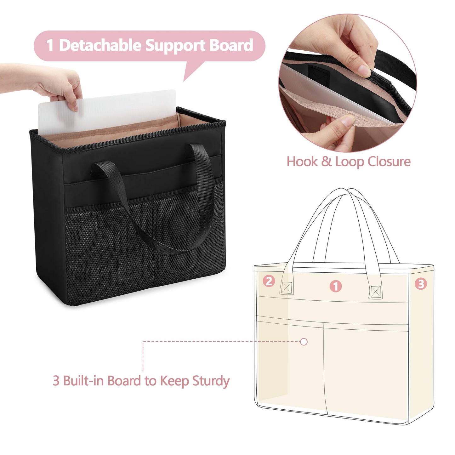 Prokva File Folder Tote Bag with Handle, Portable Document Organizer Box for Letter Size File Folder, Folding File Case for Home Office, Travel, Black, Empty Bag, Patent Design