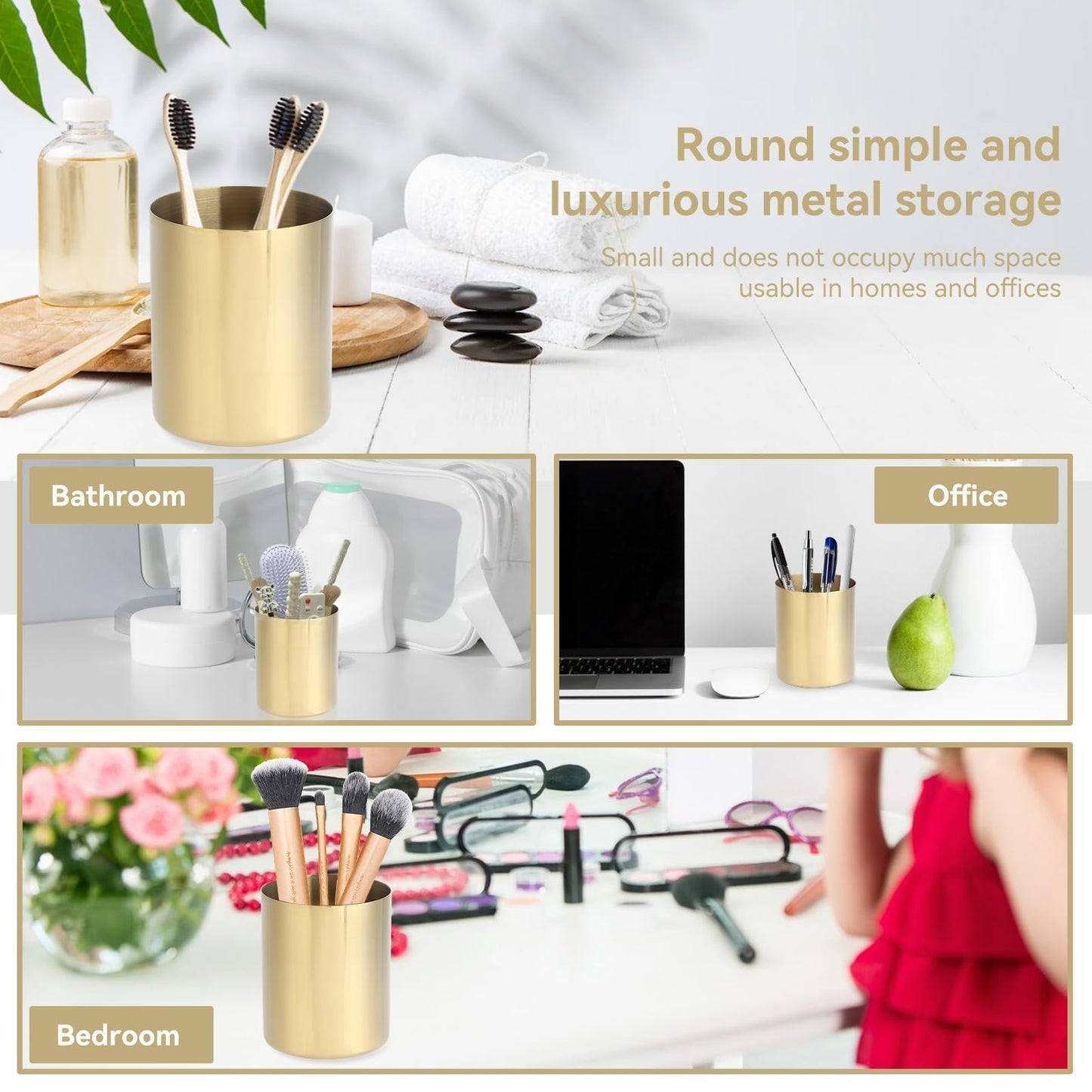 2PCS Gold Pen Holder, Round Pencil Cup Stainless Steel Makeup Brush Holder Desktop Stationery Organizer for Office and Vanity Desk