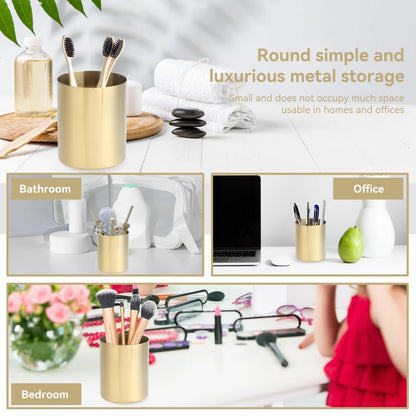 2PCS Gold Pen Holder, Round Pencil Cup Stainless Steel Makeup Brush Holder Desktop Stationery Organizer for Office and Vanity Desk