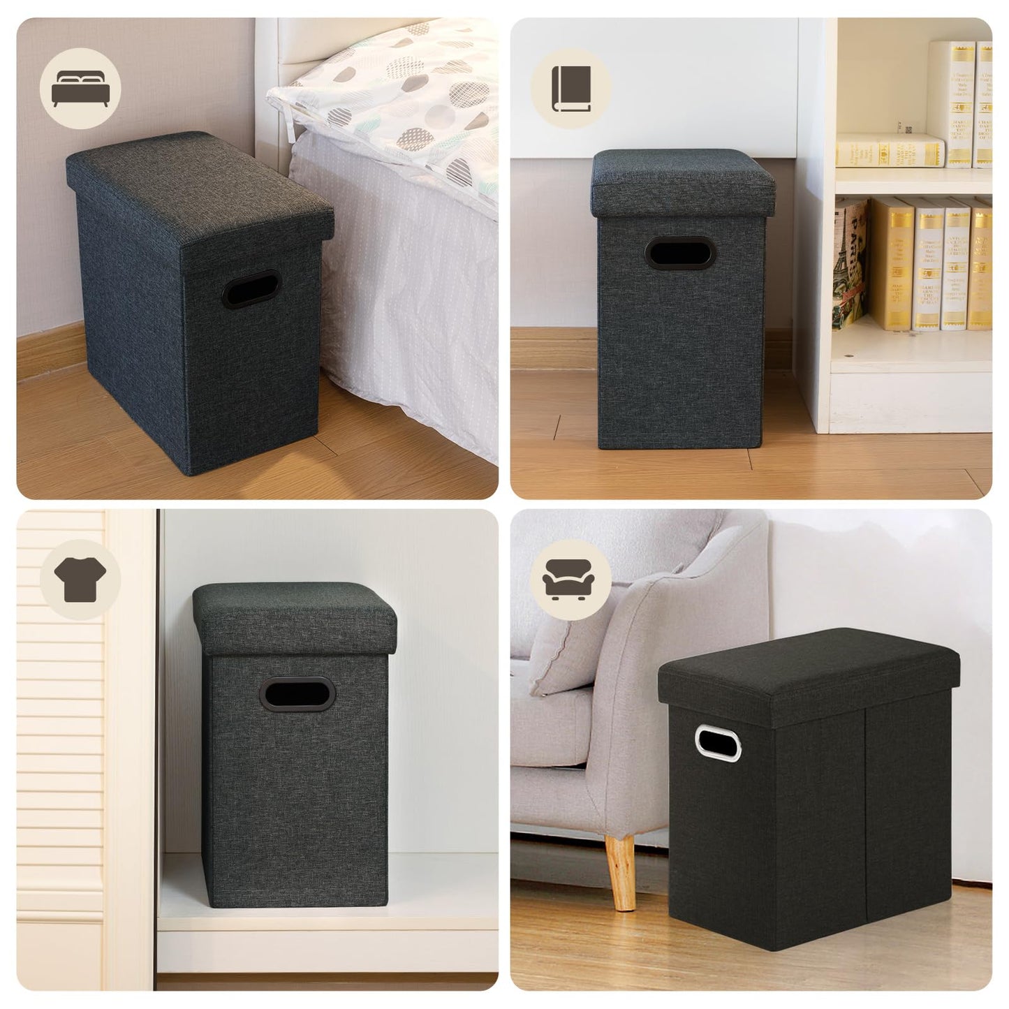 COSYLAND Tall Ottoman with Storage - 42x27x42 CM Slim Ottoman Footrest Foot Stool, Folding Small Ottoman Bench Seat with Handles and Lid for Narrow Space Beside The Sofa/Coffee Table (Black Gray)