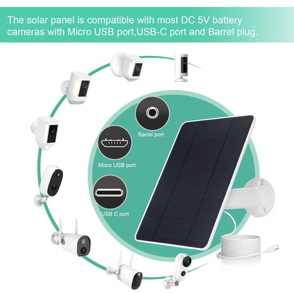 USB Solar Panel for Ring Camera - Type-C Solar Panel Charger 5v 6w with 10ft Waterproof Charging Cable, Micro-USB & USB-C & Barrel Port, IP66 Weatherproof,Includes Secure Wall Mount