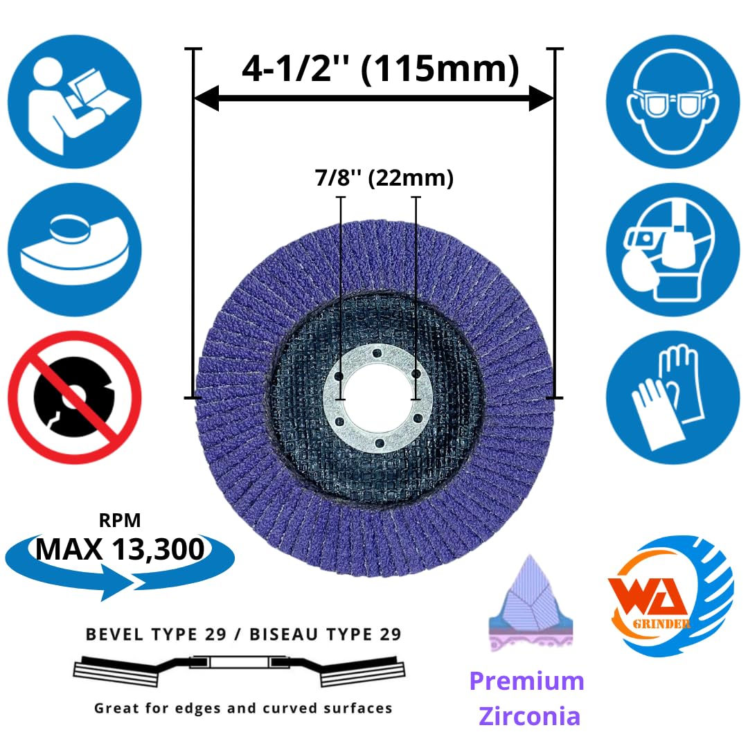 WA 10PACK - 4 1/2" x 7/8" Zirconia Flap Sanding Disc Grit 40, Standard Density Grinding Wheel for Angle Grinder, Grinding Wheels for Stainless Steel/Metal, T29, 4 1/2 Inch (40#)