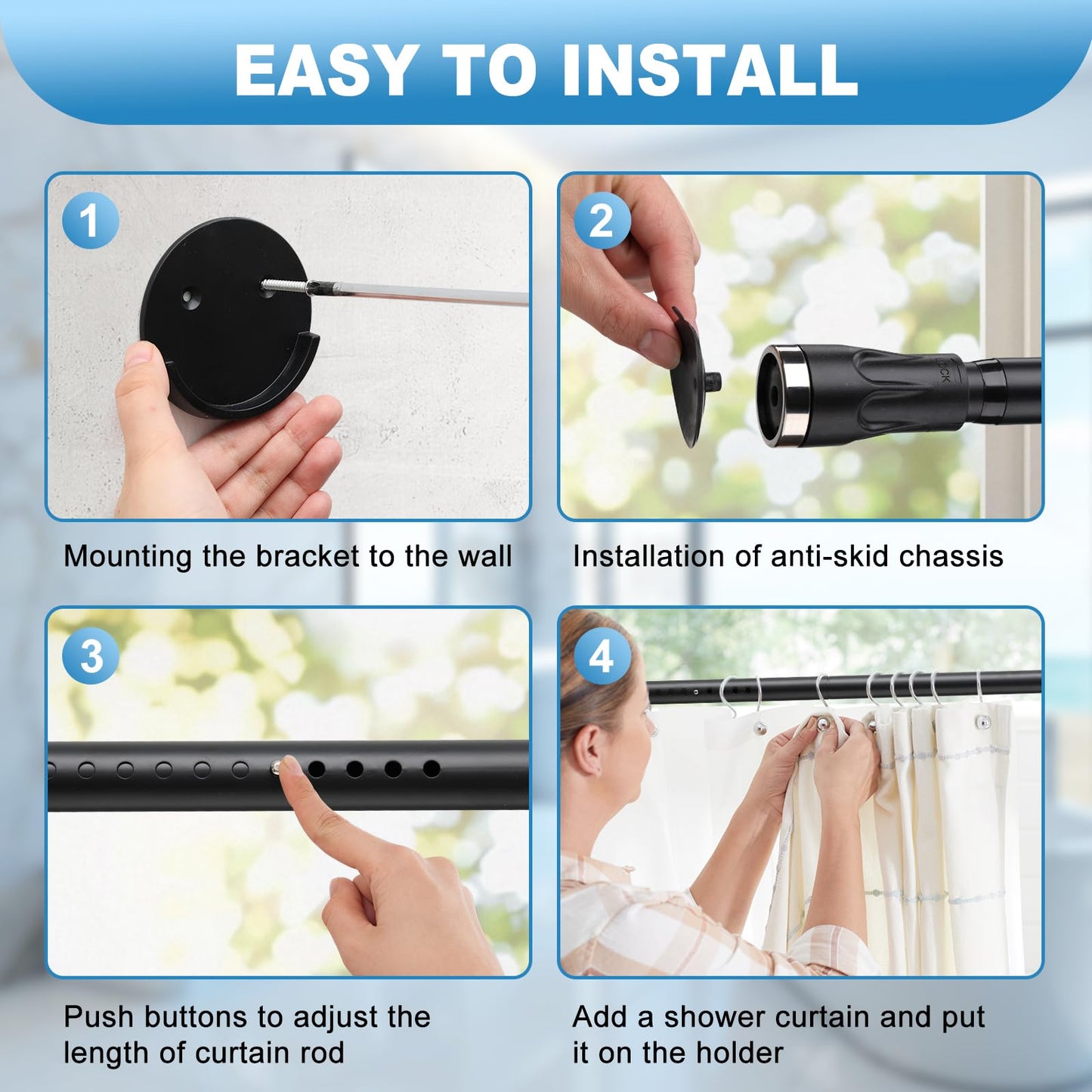 Tension Shower Curtain Rod, 42 to 115 inch Adjustable Heavy Duty black shower tension curtain rod for bathroom Closet Windows