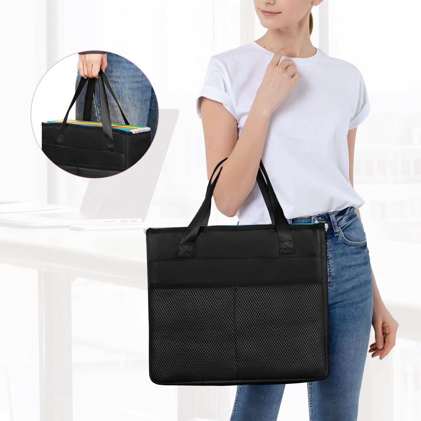 Prokva File Folder Tote Bag with Handle, Portable Document Organizer Box for Letter Size File Folder, Folding File Case for Home Office, Travel, Black, Empty Bag, Patent Design