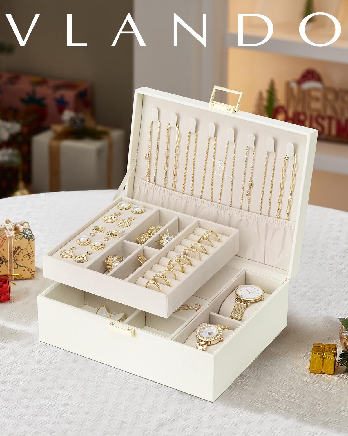 Vlando 2 Layer Jewelry Box Large Jewelry Organizer for Women Removable Jewelery Tray with Watch Pillow for Necklace Earrings Rings Bracelets Jewelry Boxes for Mother‘s Day Gifts (White)