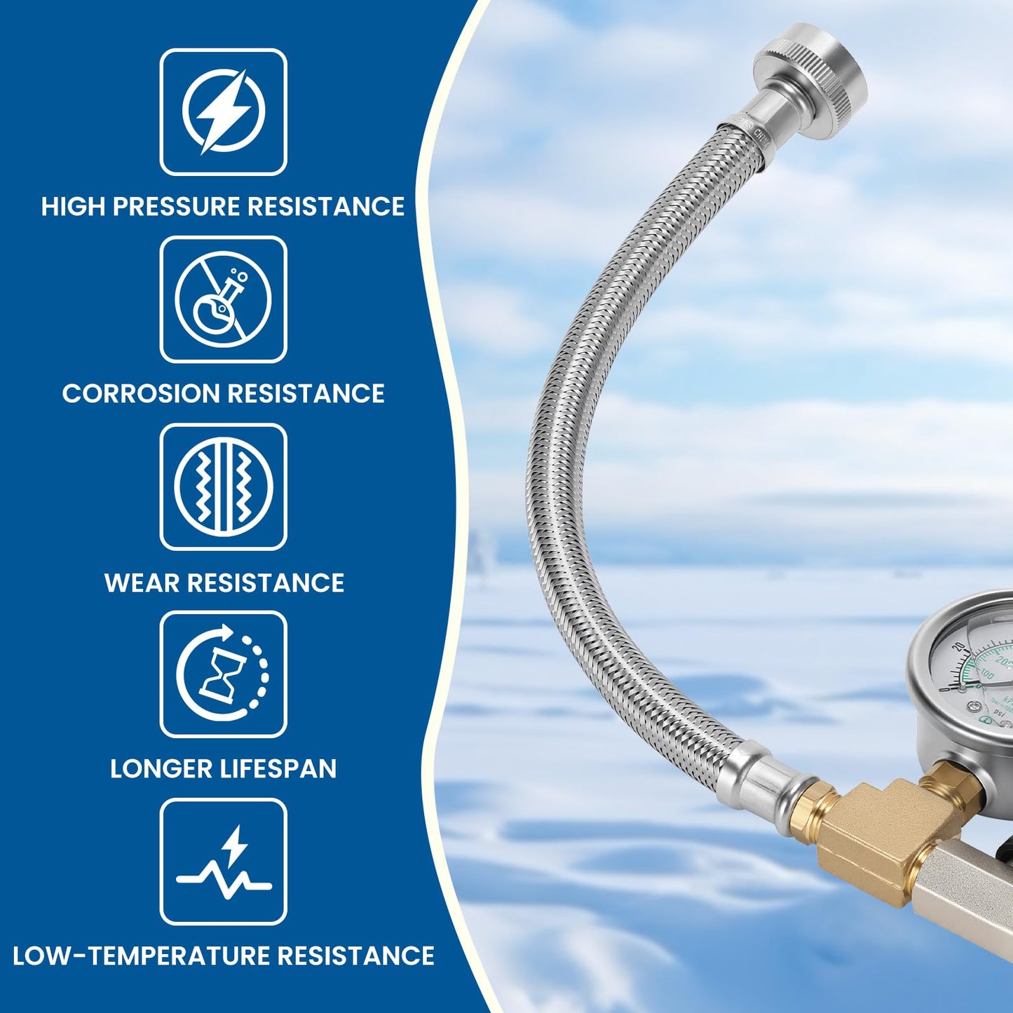 Watflow Air Compressor Water Blow Out Adapter with 100psi Pressure Gauge, with 1/4" Quick Connect Shut-Off Valve & 3/4" GHT Blow-Out Fitting Adapter, 304 SS Hose for Camper, Travel Trailer(12")