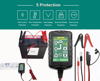 6V 12V Battery Charger 1.5A Automatic Battery maintainer trickle Battery Charger Smart Float Charger for auto car Motorcycle Lawn Mower Boat Motorcycle Snowmobile