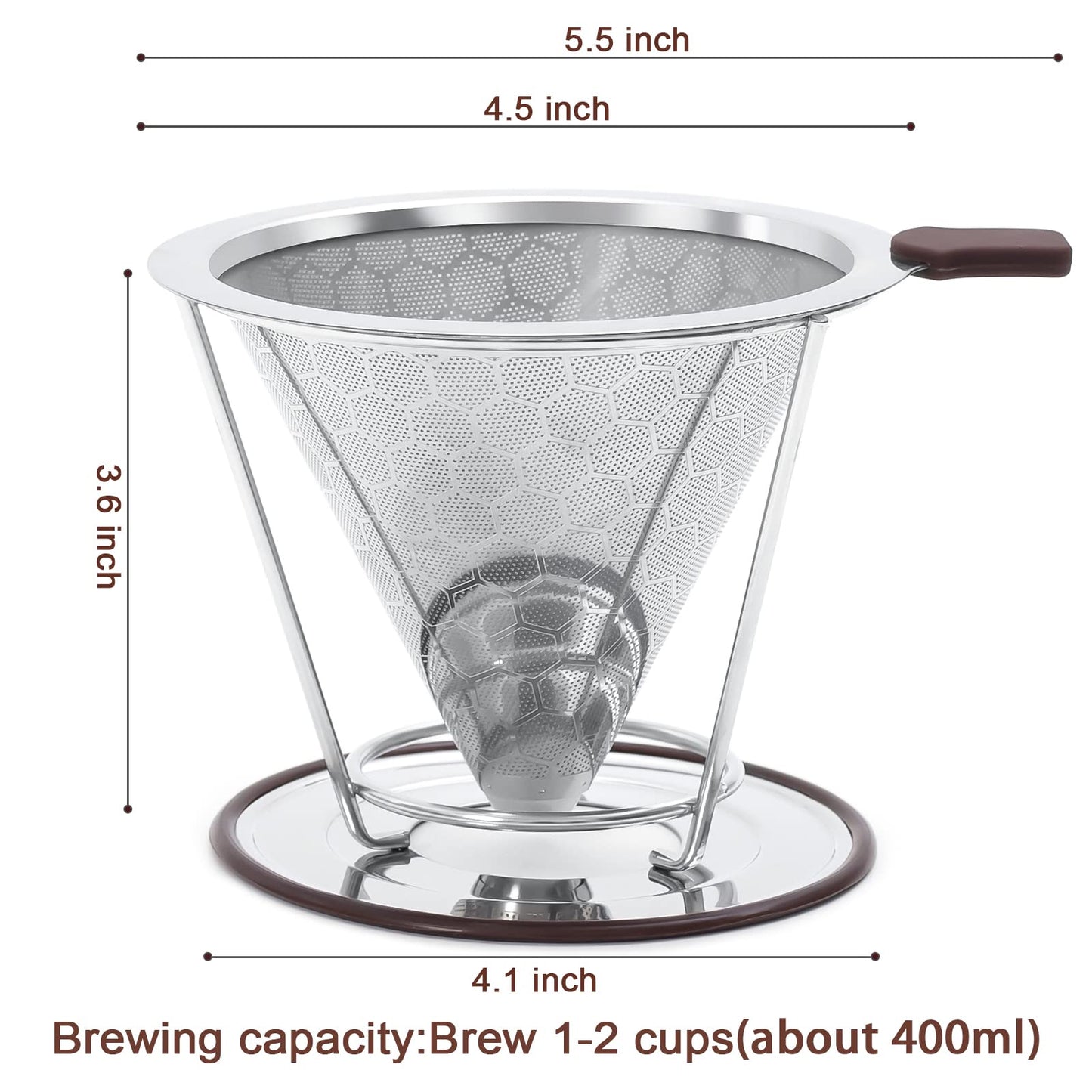Pour Over Coffee Dripper, Stainless Steel Coffee Filter Reusable Pour Over Coffee Filter Cone Coffee Dripper… (Removable 1-2Cup)