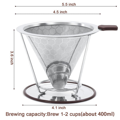 Pour Over Coffee Dripper, Stainless Steel Coffee Filter Reusable Pour Over Coffee Filter Cone Coffee Dripper… (Removable 1-2Cup)
